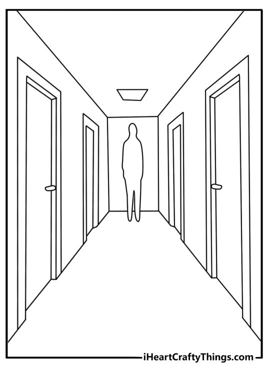 Horror coloring page showing a shadow figure at the end of a hallway