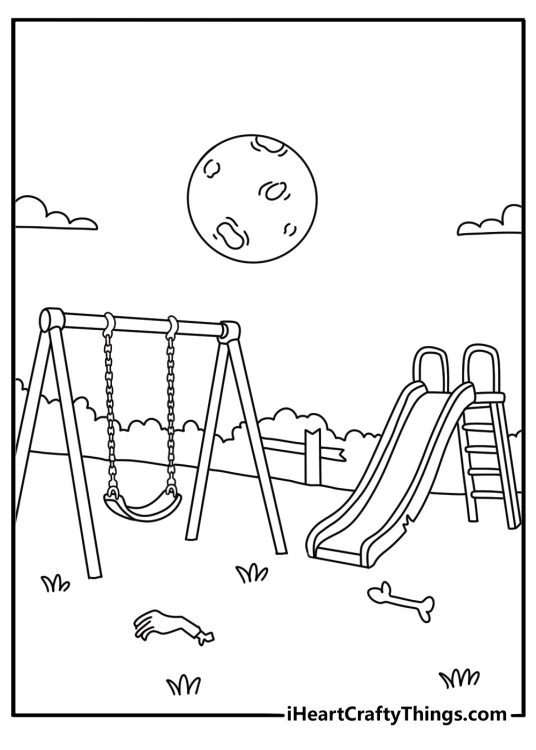 Horror coloring pages scene showing an abandoned playground at night