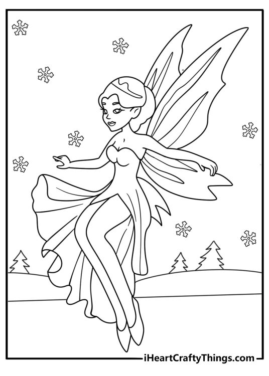 Ice fairy carving snowflake patterns on frozen pond Fairy coloring page