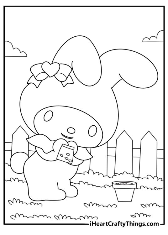 Kawaii My Melody coloring page planting seeds in a garden pot