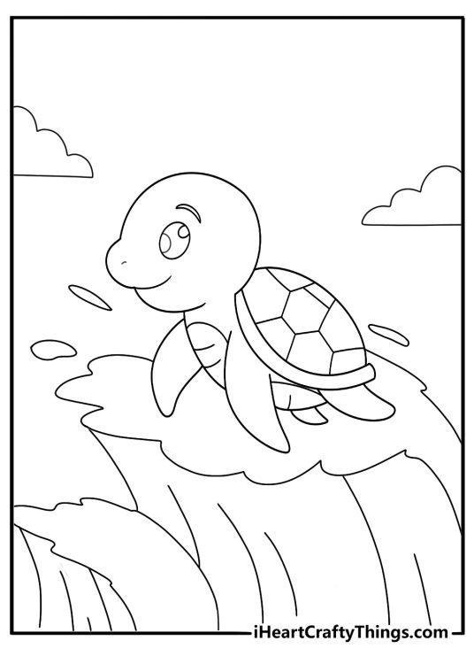 Kawaii baby turtle riding a gentle wave cute coloring page for kids to print