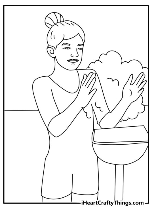 Kawaii gymnastics coloring sheet with small gymnast chalking hands