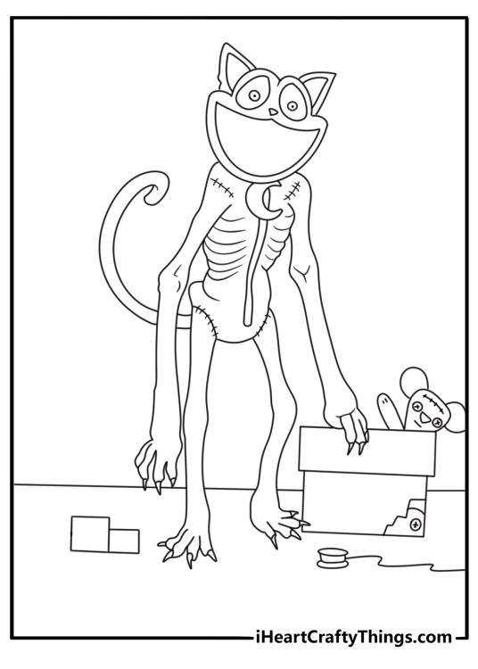 Kids can color CatNap standing near a broken toy box