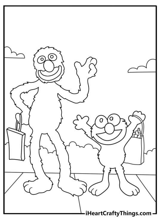 Kids can color Elmo helping Grover carry grocery bags