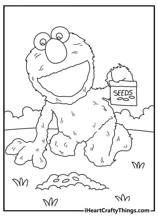 Kids can color Elmo planting seeds in a small garden