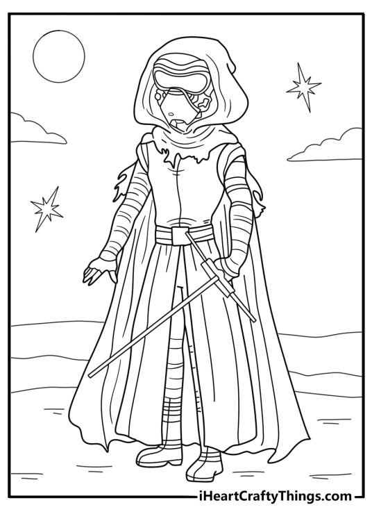 Kylo Ren with crossguard lightsaber ready to duel detailed Star Wars coloring page pdf download