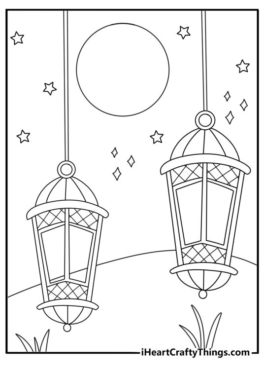 Lantern hanging in moonlit garden hard coloring page for adults