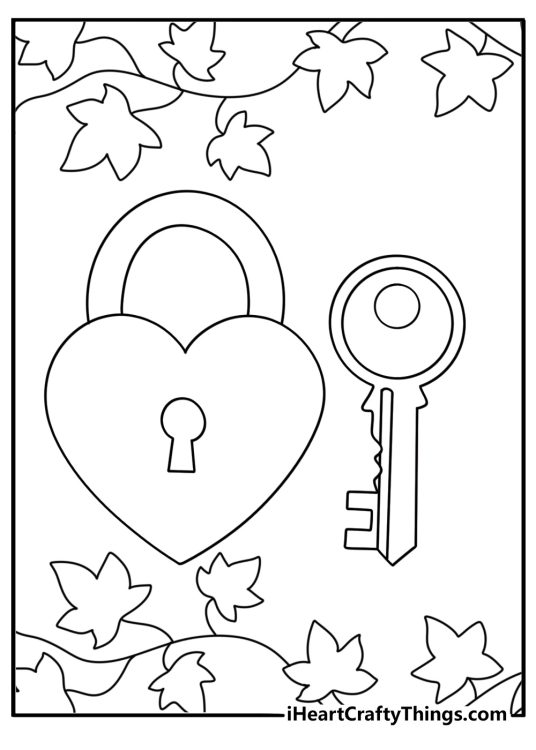 Love coloring page for adults with lock key and vine border