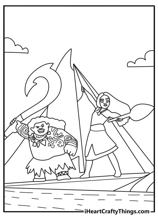Moana 2 coloring pages with older Moana leading a canoe voyage with her crew