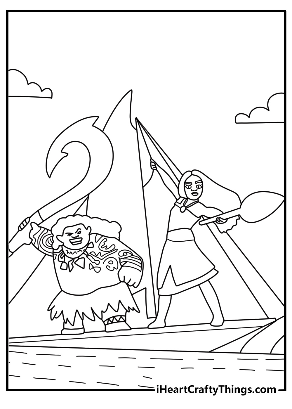 Moana 2 coloring pages with older Moana leading a canoe voyage with her crew