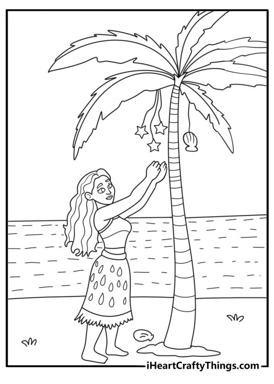 Moana Christmas coloring pages with Moana decorating a palm tree with island ornaments