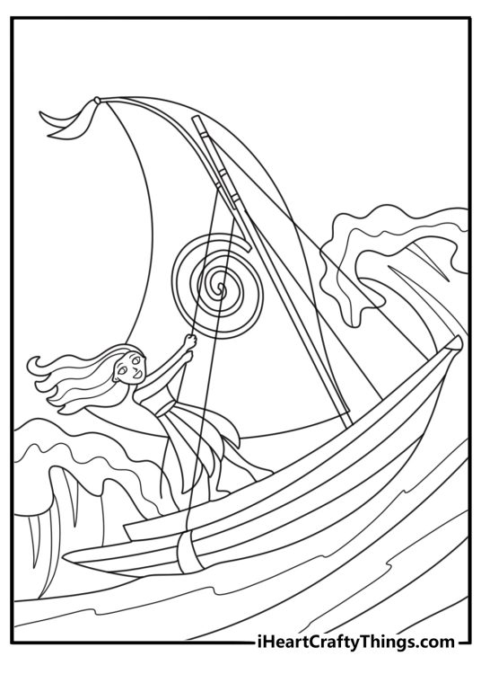 Moana coloring page with Moana sailing a canoe across ocean waves