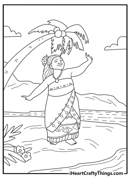 Moana coloring pages for kids with Grandma Tala telling a story near the sea