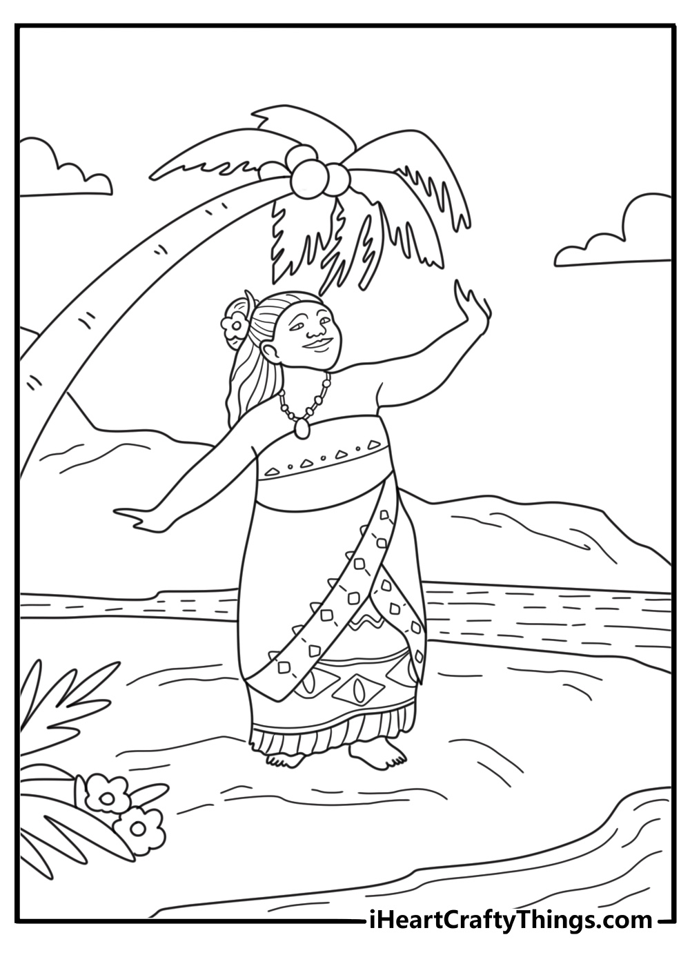 Moana coloring pages for kids with Grandma Tala telling a story near the sea