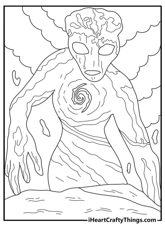 Moana coloring pages printable pdf of Te Ka rising from lava with flames around her