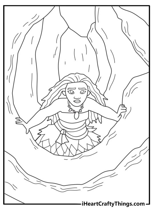 Moana coloring sheets printable of Moana exploring an island cave with glowing marks