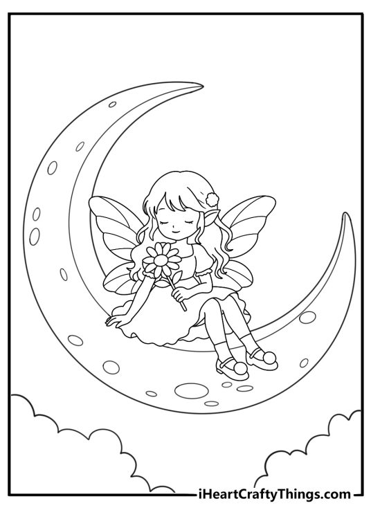 Moon fairy resting on crescent moon over quiet village detailed printable sheet