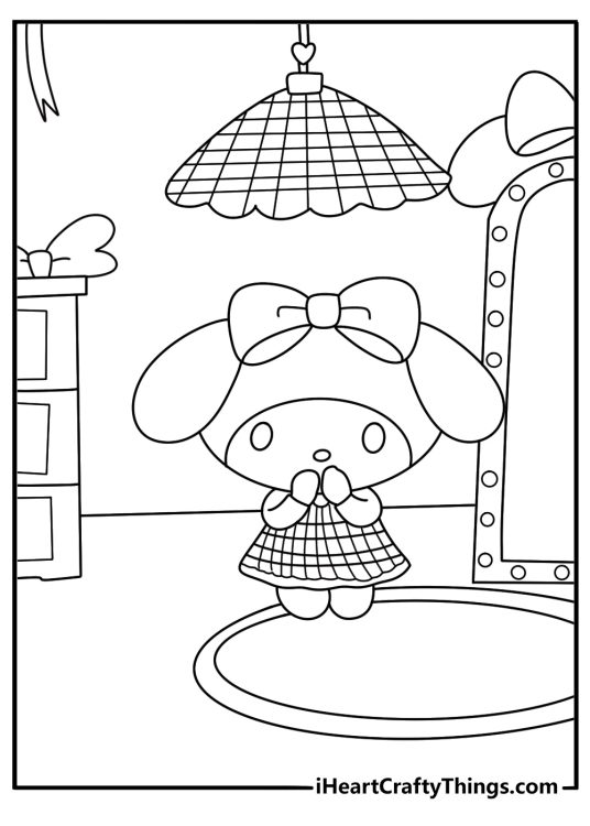 My Melody coloring page decorating a room with ribbons