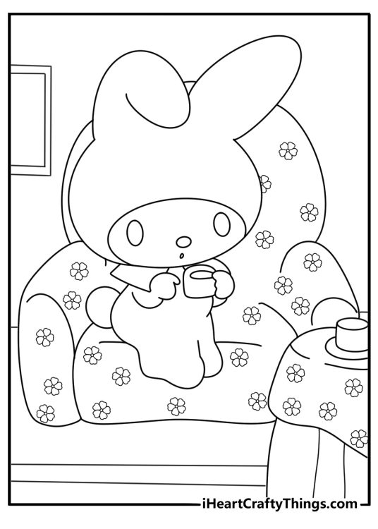 My Melody coloring page enjoying a tea set at home