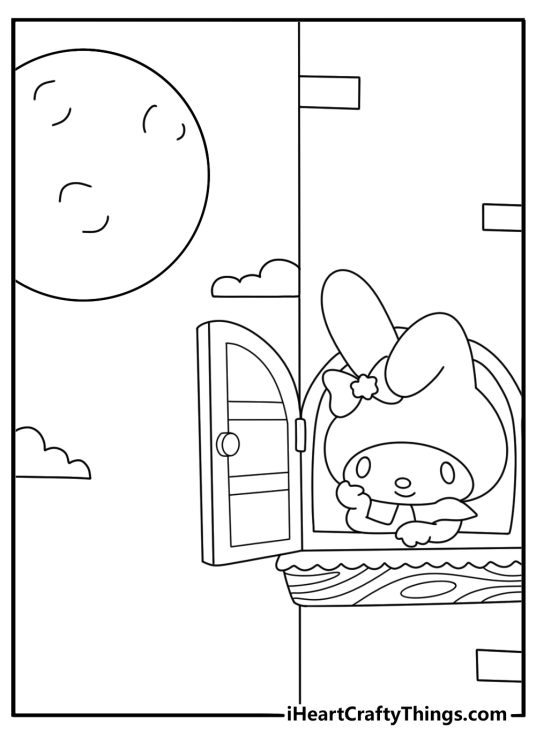 My Melody coloring page looking at the moon from a window