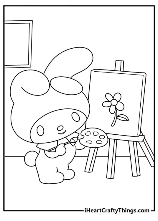 My Melody coloring page painting a picture on an easel