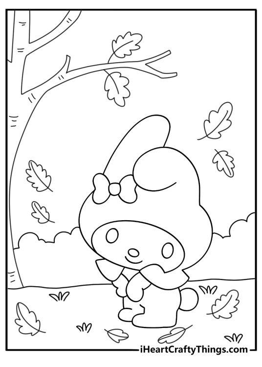 My Melody coloring page wearing a hooded cape in autumn