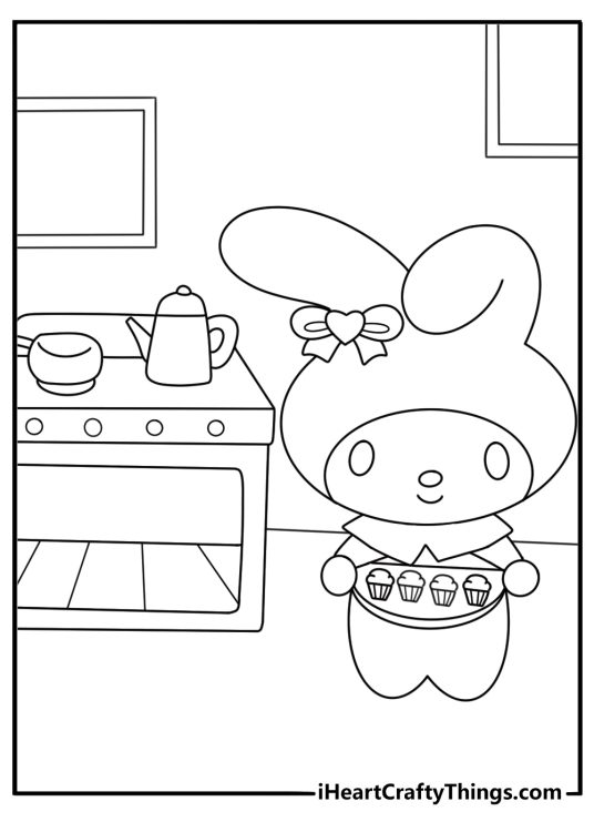 My Melody coloring page with her baking cupcakes in a small kitchen