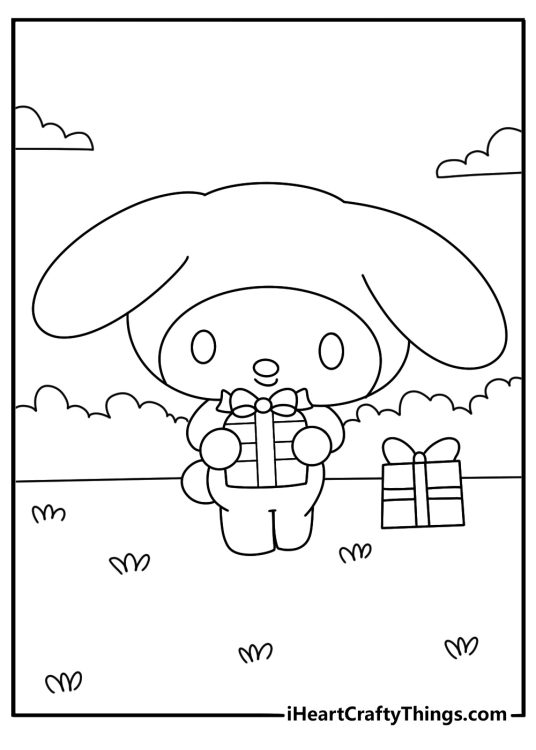 My Melody coloring page with her packing gifts in boxes