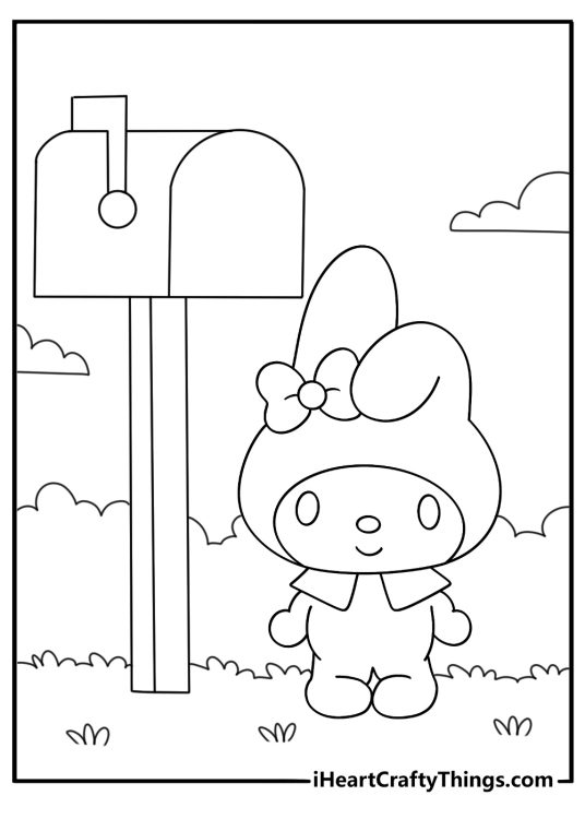 My Melody coloring page with her standing by a mailbox