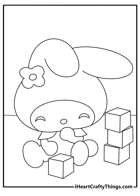 My Melody printable playing with blocks on the floor