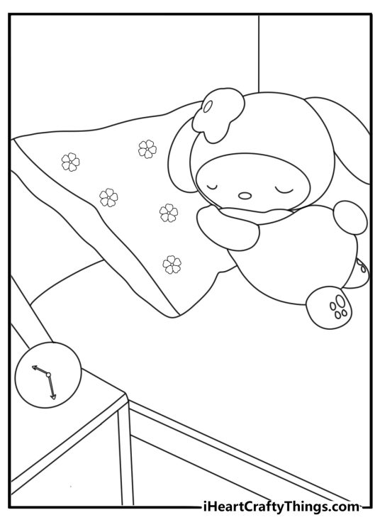 My Melody printable resting beside a large heart pillow
