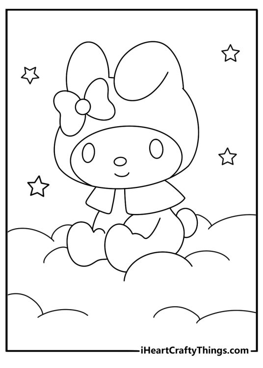 My Melody printable sitting on a cloud with stars