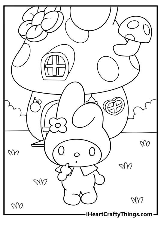 My Melody printable standing near a mushroom house