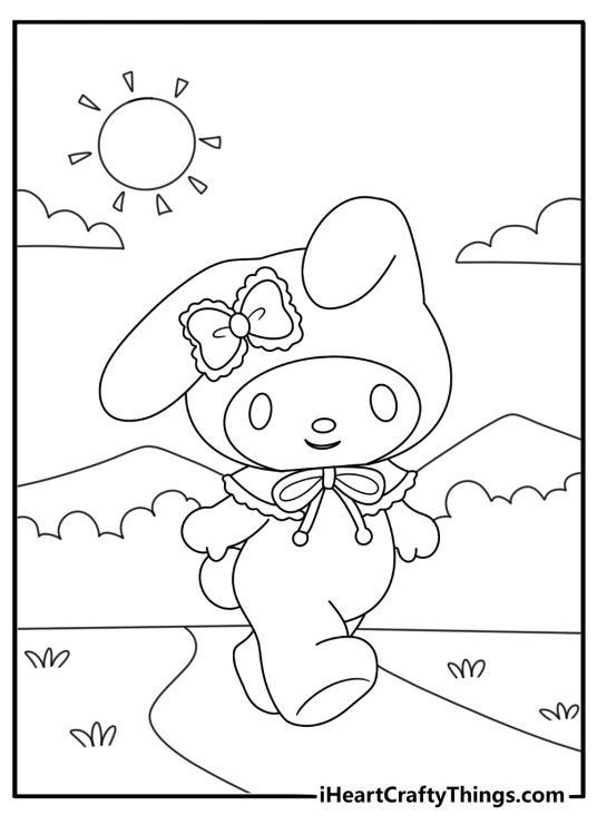 My Melody printable walking through a forest path