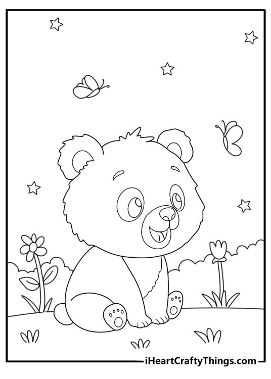 Picture of a cute baby bear sitting in the grass with butterflies and stars all around him