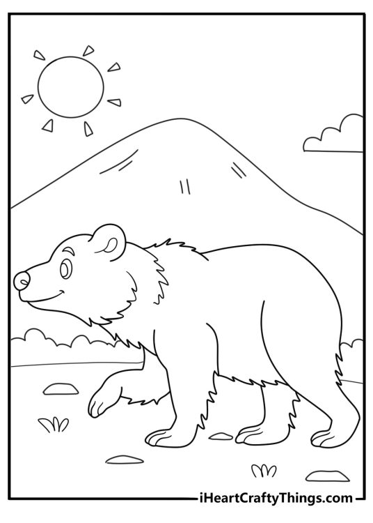 Picture to print and color presenting furry adult bear exploring surroundings outdoors