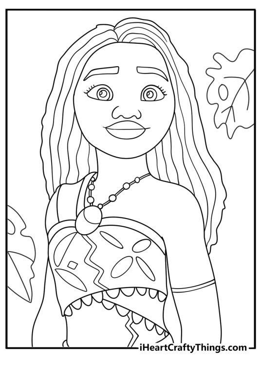 Princess Moana coloring pages with Moana wearing a shell necklace by tropical trees