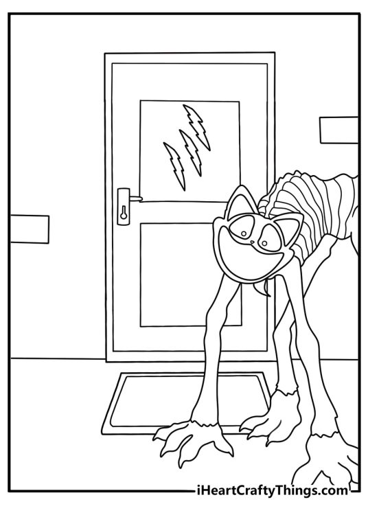 Printable CatNap coloring page with claw marks across a metal door