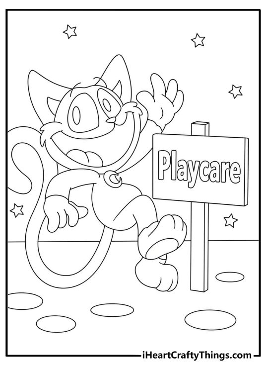 Printable CatNap page showing the character near a Playcare sign