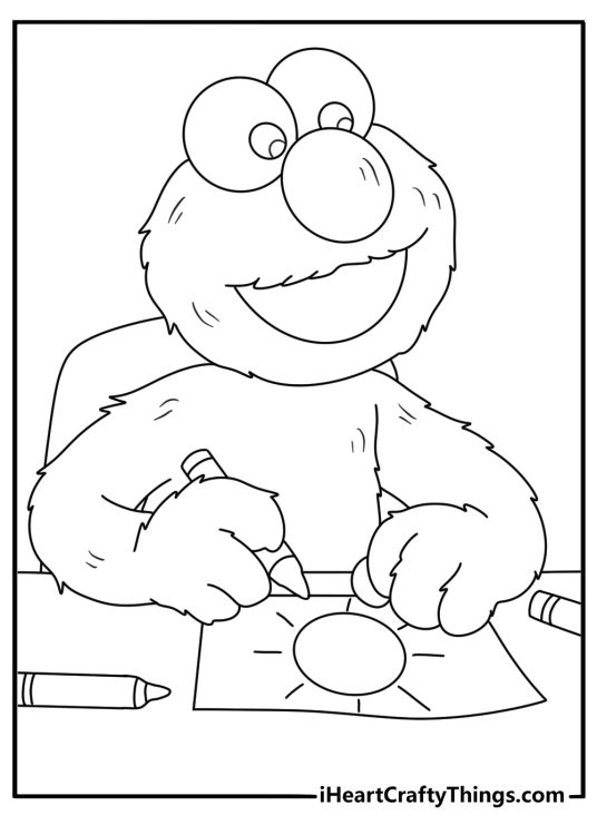 Printable Elmo coloring page with crayons spread across an art table