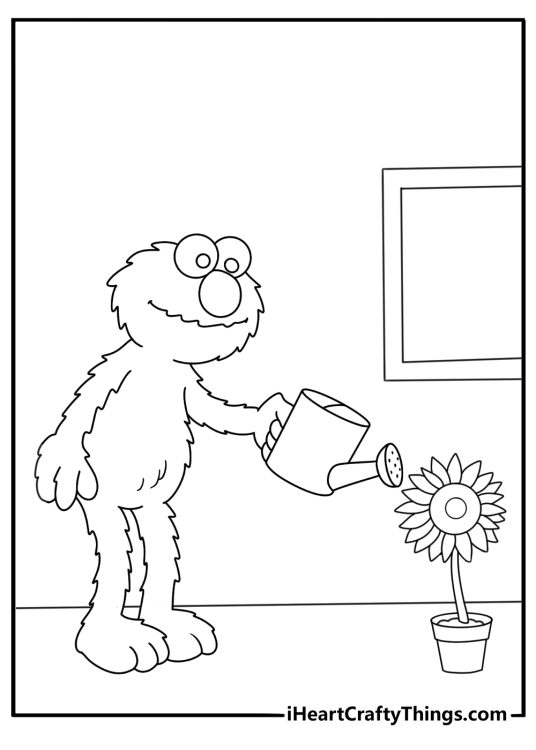 Printable coloring page showing Elmo watering a potted sunflower