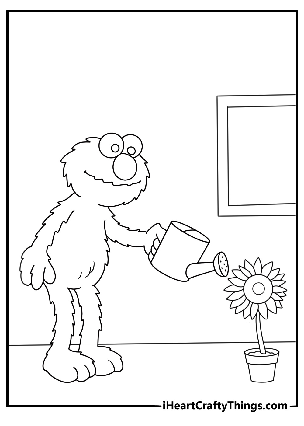 Printable coloring page showing Elmo watering a potted sunflower