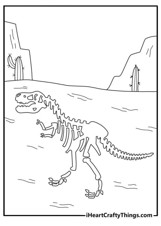 Printable coloring sheet of a t rex skull on desert ground