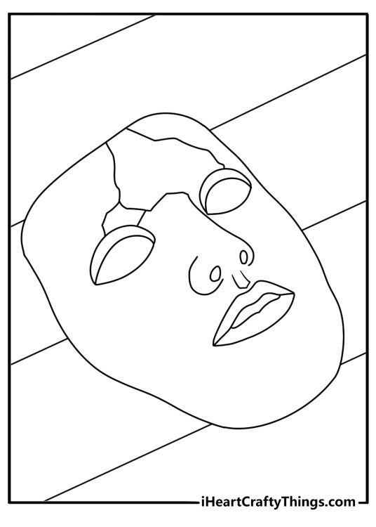 Printable dark coloring page with a cracked porcelain mask on the floor