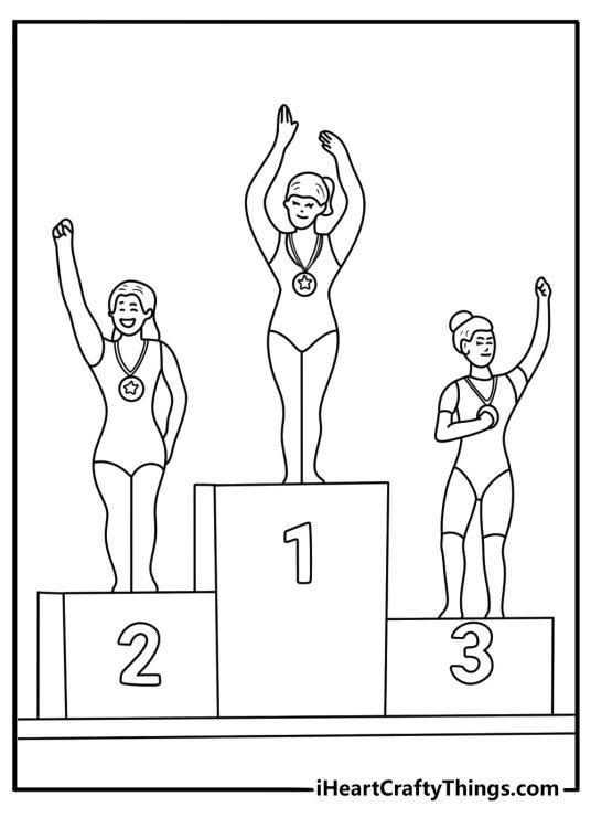 Printable gymnastics coloring page of team lineup with medals podium