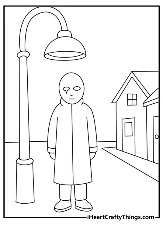 Printable horror page with a masked figure standing under a streetlight
