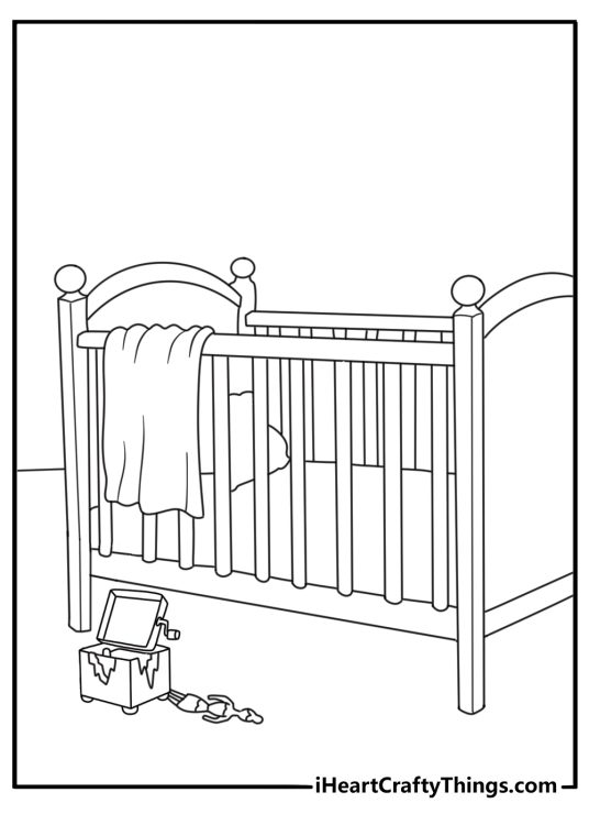 Printable horror scene featuring a broken music box beside an empty crib