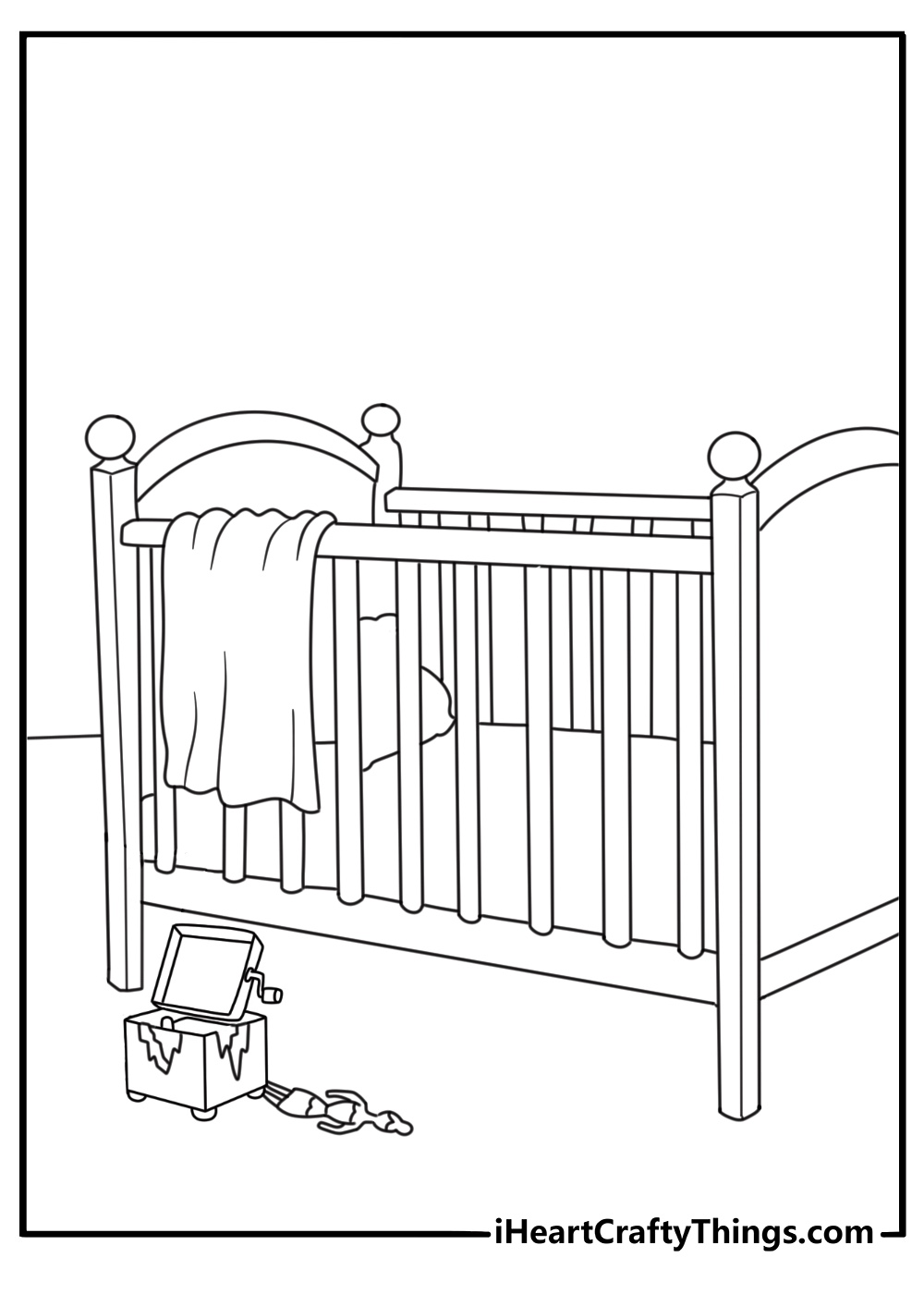 Printable horror scene featuring a broken music box beside an empty crib