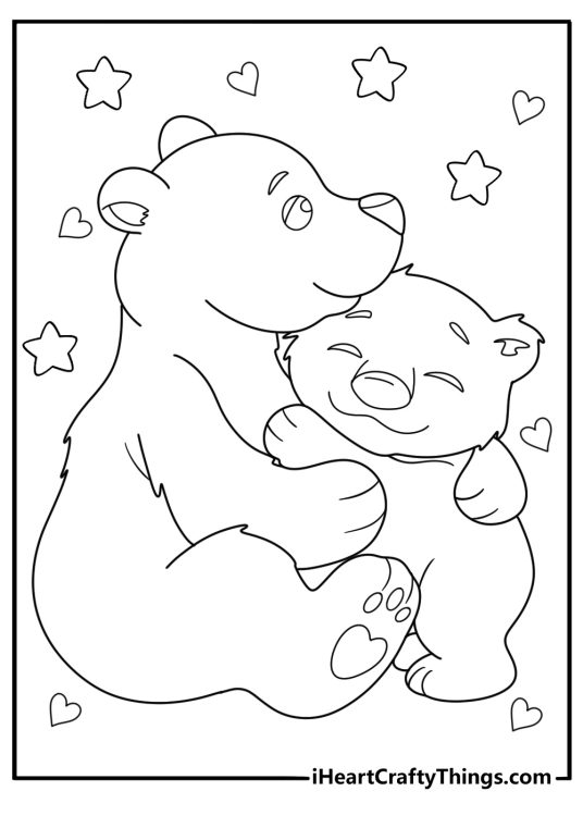 Printable page featuring bear cub hugging mother bear with stars and hearts all around them