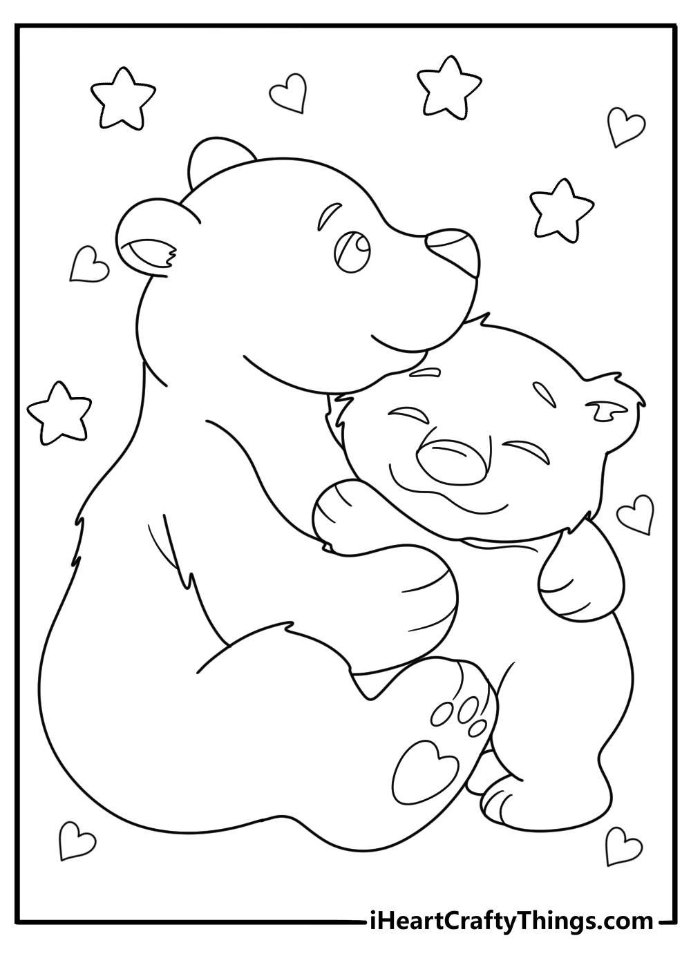 Printable page featuring bear cub hugging mother bear with stars and hearts all around them